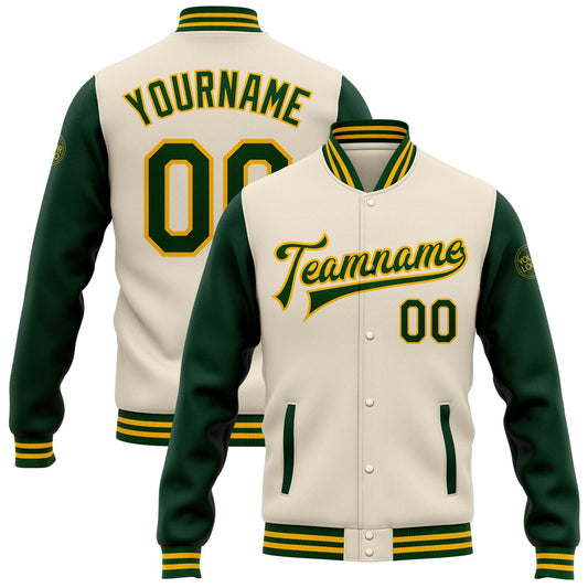 Custom Cream Green-Gold Bomber Full-Snap Varsity Letterman Two Tone Jacket - Main View