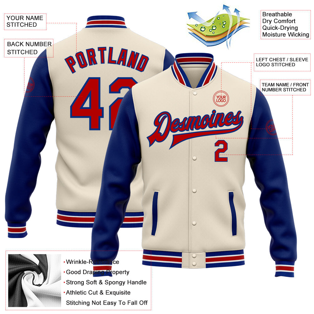 Custom Cream Red-Royal Bomber Full-Snap Varsity Letterman Two Tone Jacket view 5