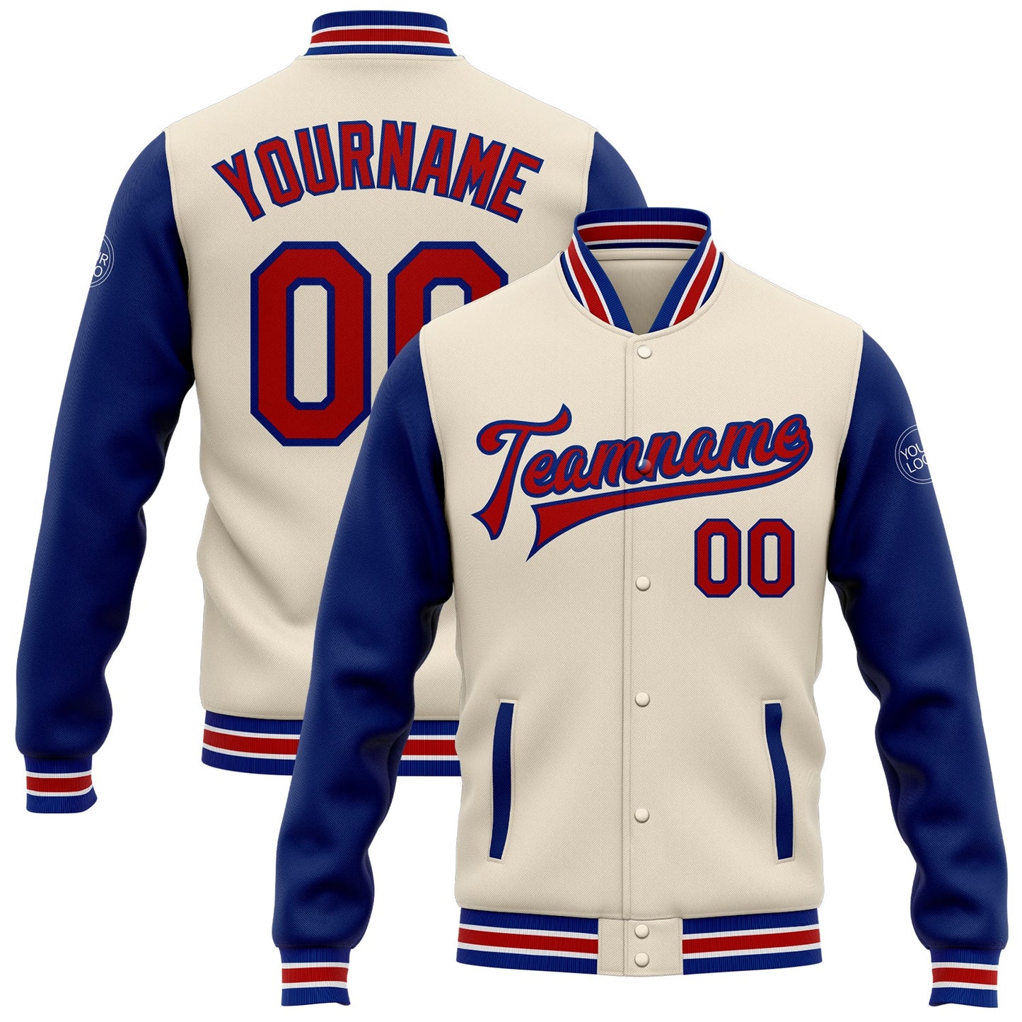 Custom Cream Red-Royal Bomber Full-Snap Varsity Letterman Two Tone Jacket - Main View