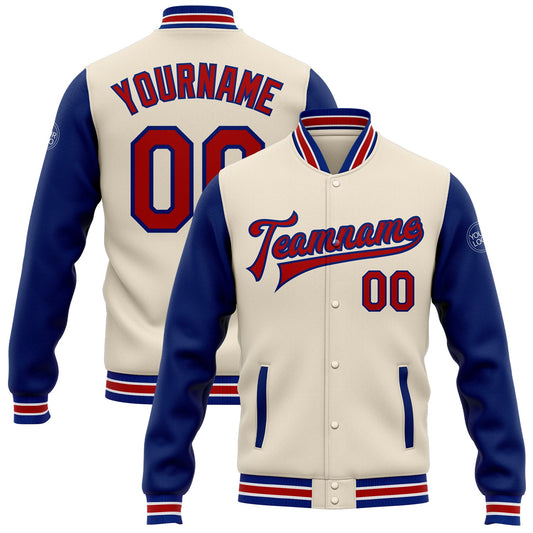 Custom Cream Red-Royal Bomber Full-Snap Varsity Letterman Two Tone Jacket - Main View
