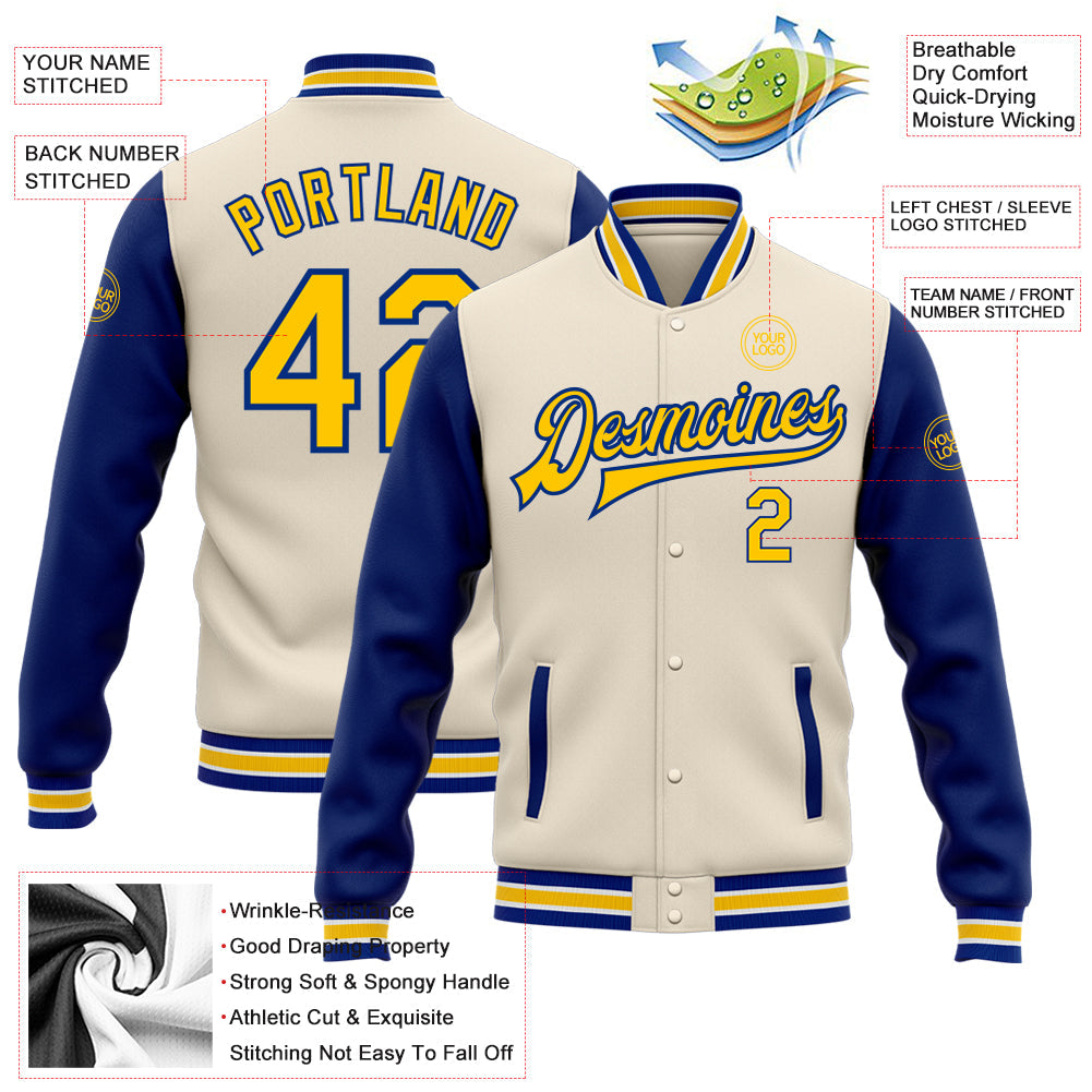 Custom Cream Yellow-Royal Bomber Full-Snap Varsity Letterman Two Tone Jacket view 5