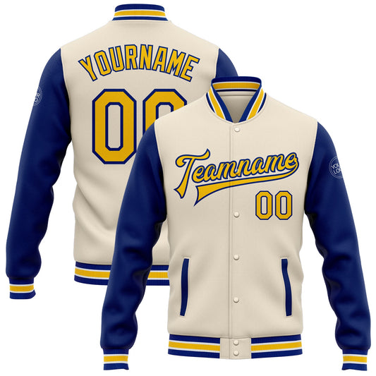 Custom Cream Yellow-Royal Bomber Full-Snap Varsity Letterman Two Tone Jacket - Main View