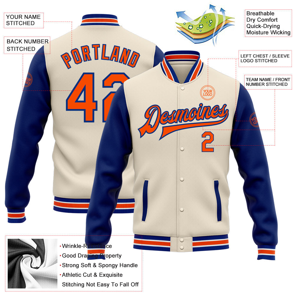 Custom Cream Orange-Royal Bomber Full-Snap Varsity Letterman Two Tone Jacket view 5