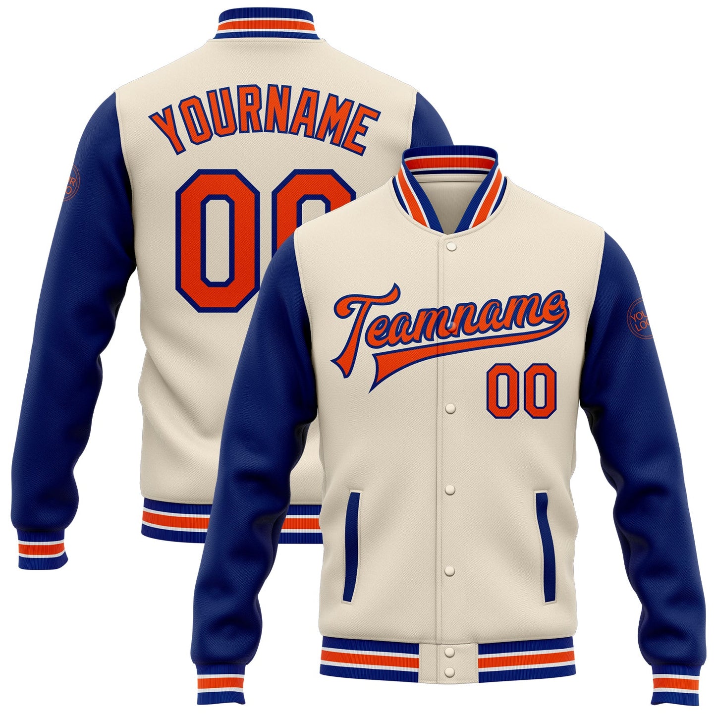 Custom Cream Orange-Royal Bomber Full-Snap Varsity Letterman Two Tone Jacket - Main View