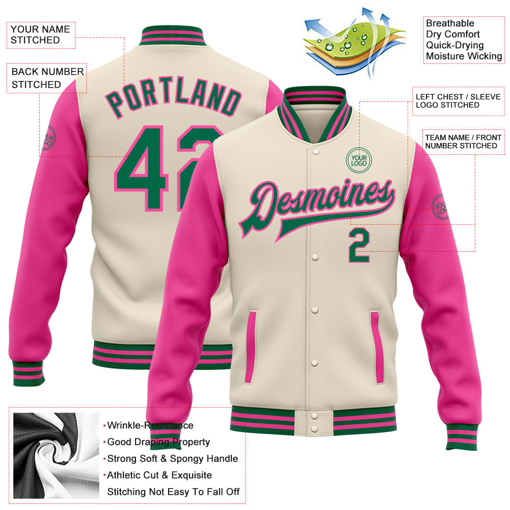 Custom Cream Kelly Green-Pink Bomber Full-Snap Varsity Letterman Two Tone Jacket view 5