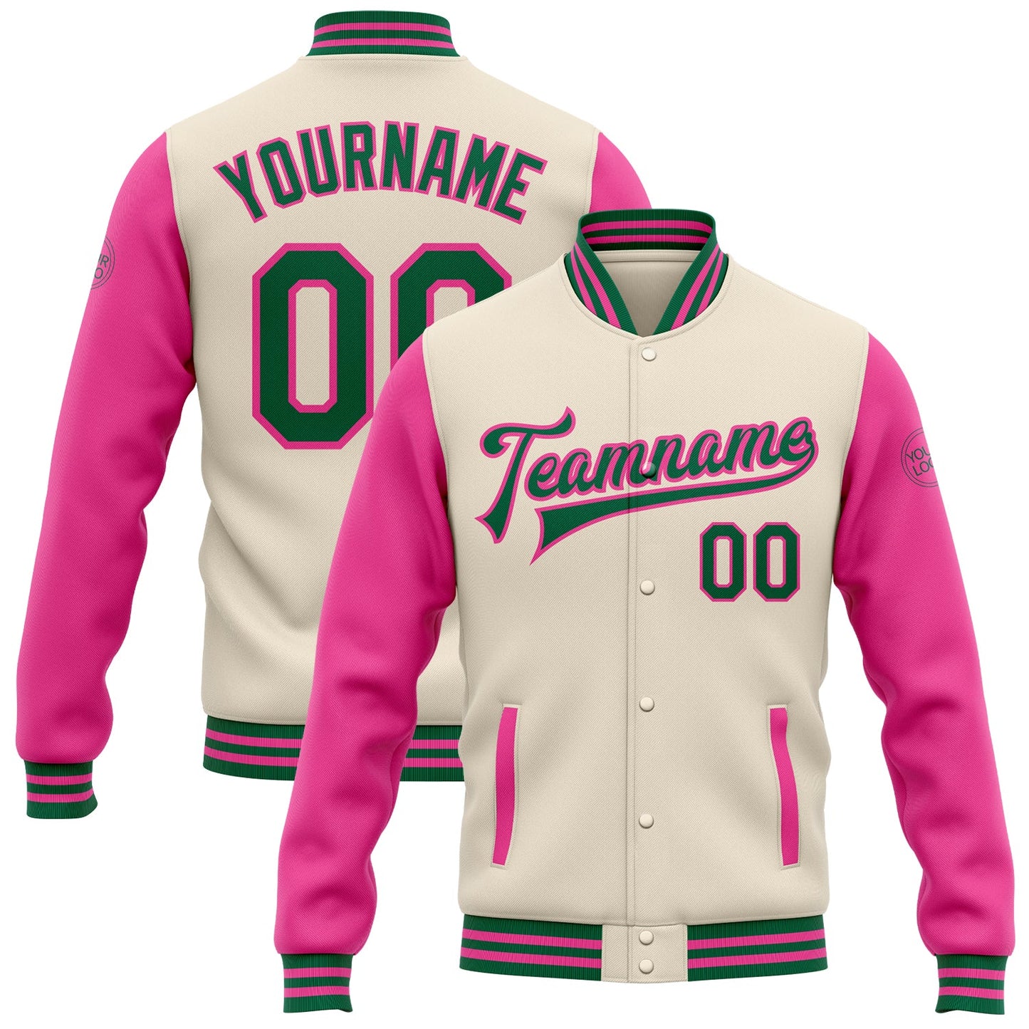 Custom Cream Kelly Green-Pink Bomber Full-Snap Varsity Letterman Two Tone Jacket - Main View