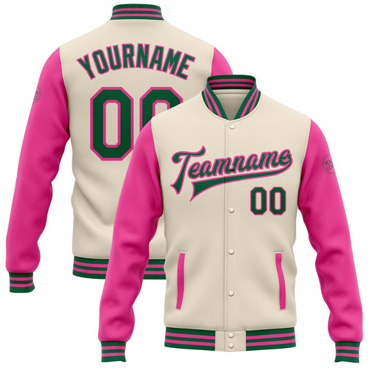 Custom Cream Kelly Green-Pink Bomber Full-Snap Varsity Letterman Two Tone Jacket - Main View