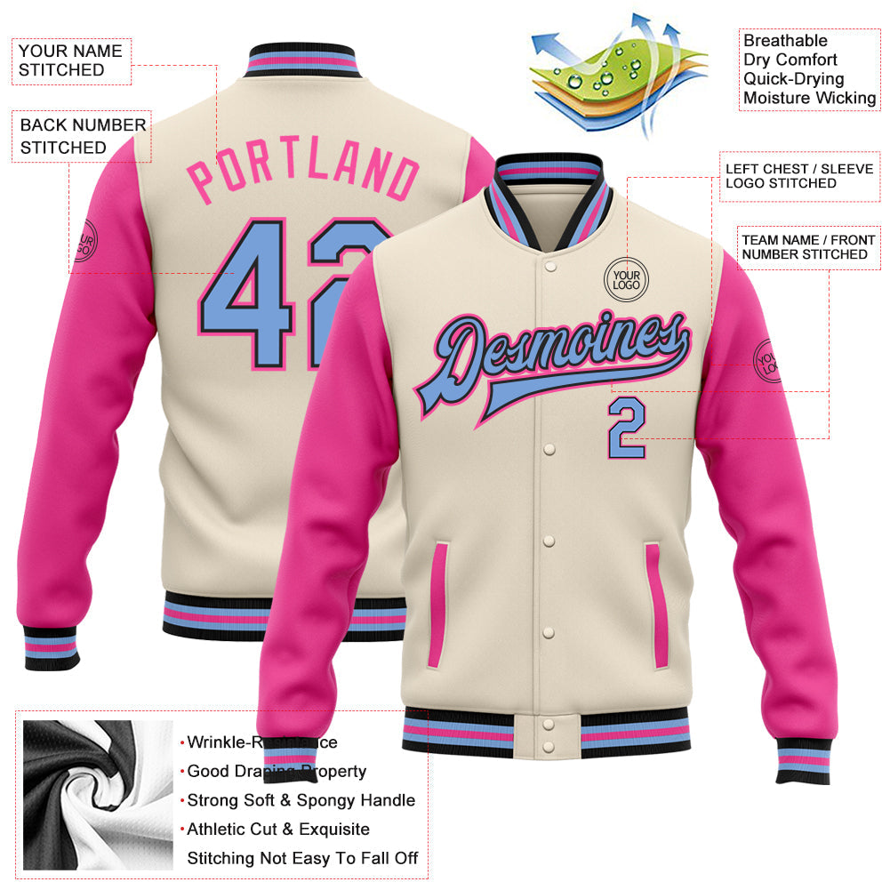 Custom Cream Light Blue Black-Pink Bomber Full-Snap Varsity Letterman Two Tone Jacket view 5