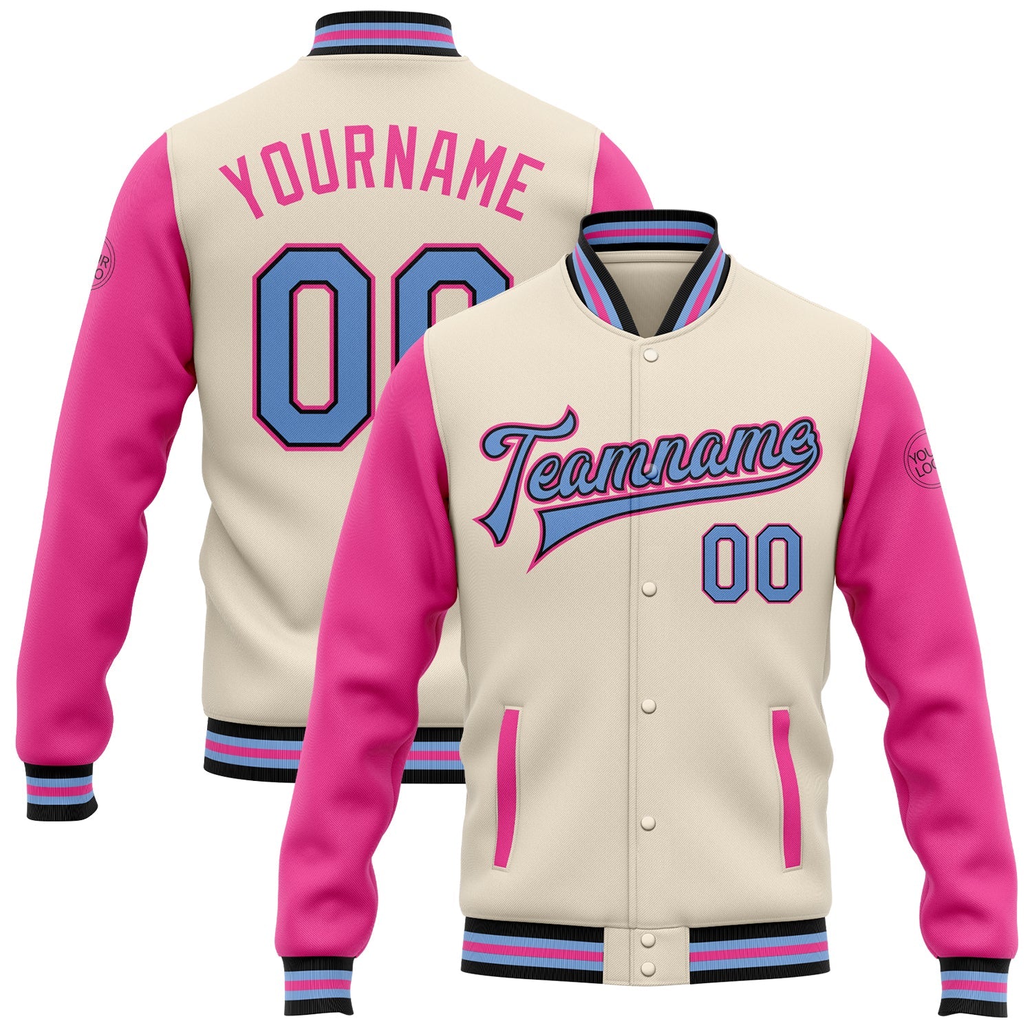Custom Cream Light Blue Black-Pink Bomber Full-Snap Varsity Letterman Two Tone Jacket - Main View