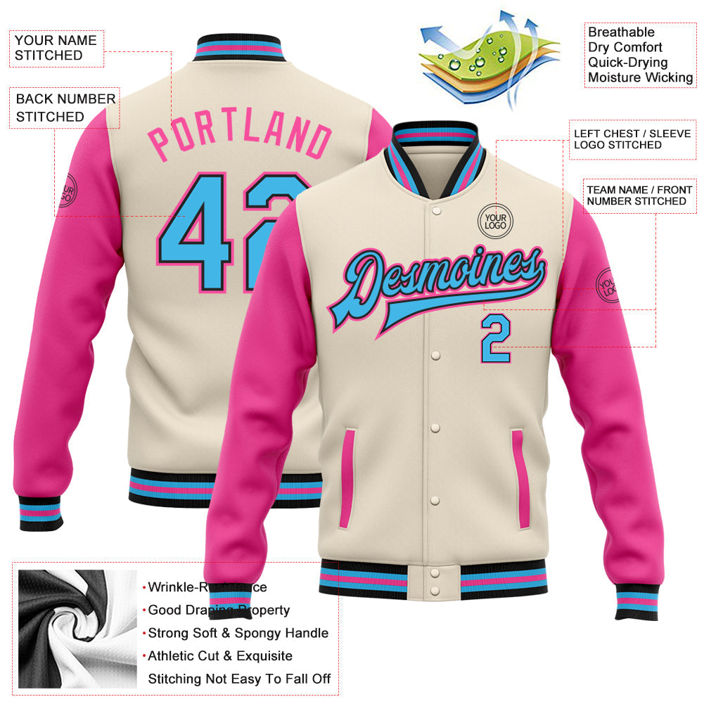 Custom Cream Sky Blue Black-Pink Bomber Full-Snap Varsity Letterman Two Tone Jacket view 5