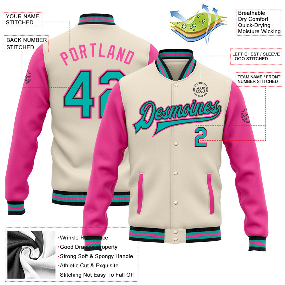 Custom Cream Aqua Black-Pink Bomber Full-Snap Varsity Letterman Two Tone Jacket view 5