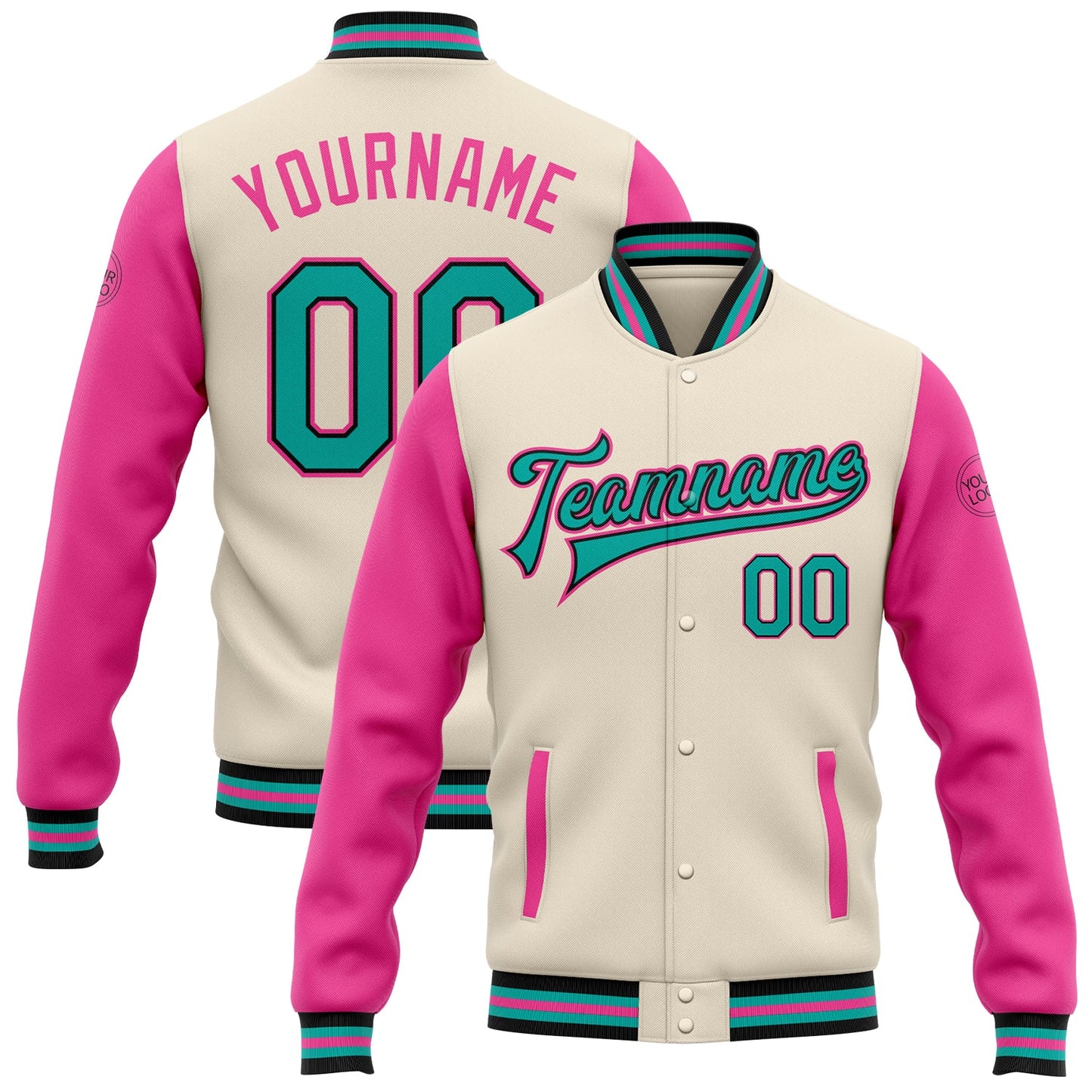 Custom Cream Aqua Black-Pink Bomber Full-Snap Varsity Letterman Two Tone Jacket - Main View