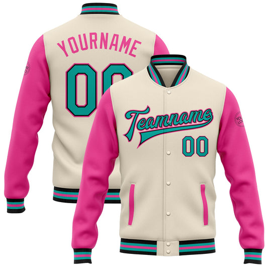 Custom Cream Aqua Black-Pink Bomber Full-Snap Varsity Letterman Two Tone Jacket - Main View