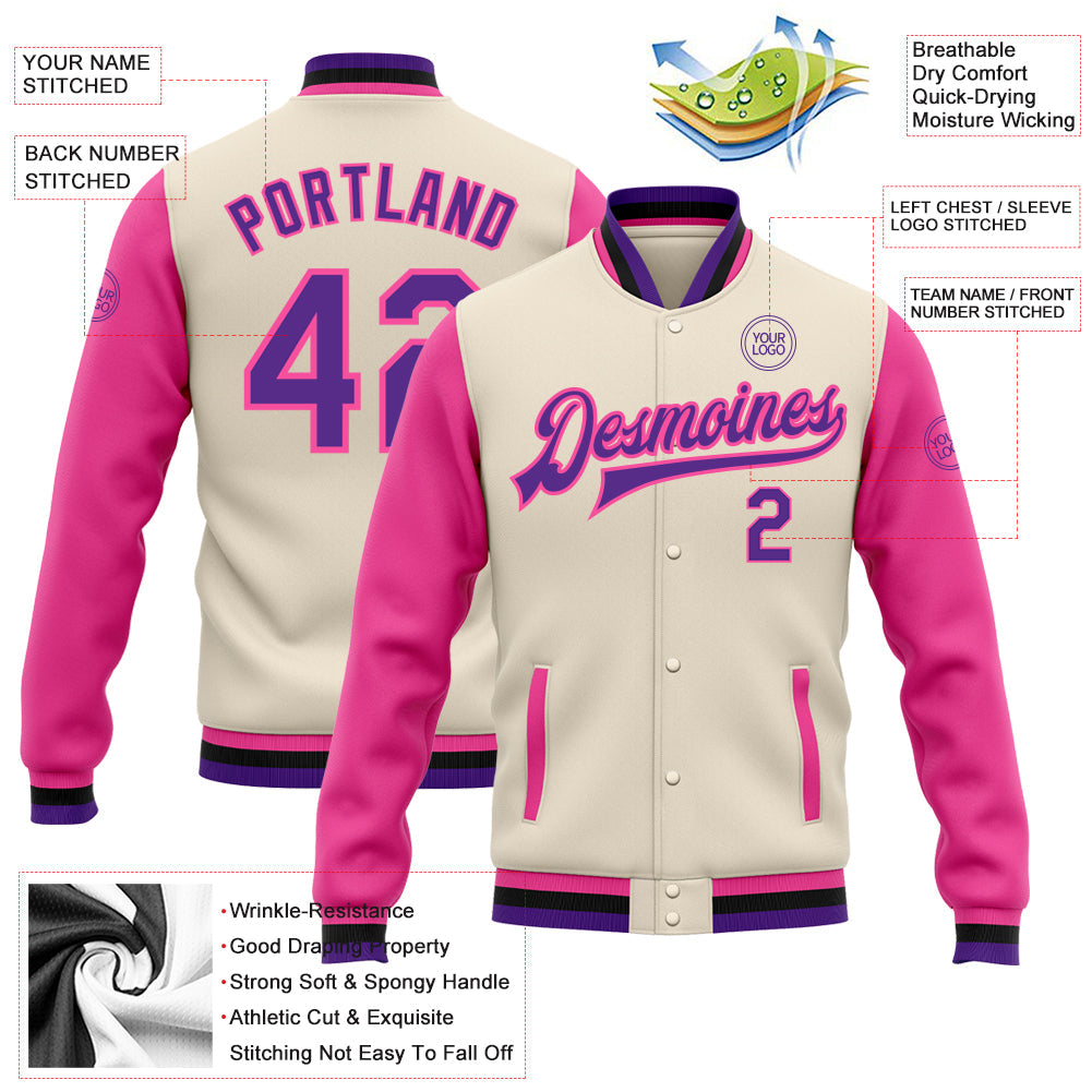 Custom Cream Aqua Purple Pink-Black Bomber Full-Snap Varsity Letterman Two Tone Jacket view 5
