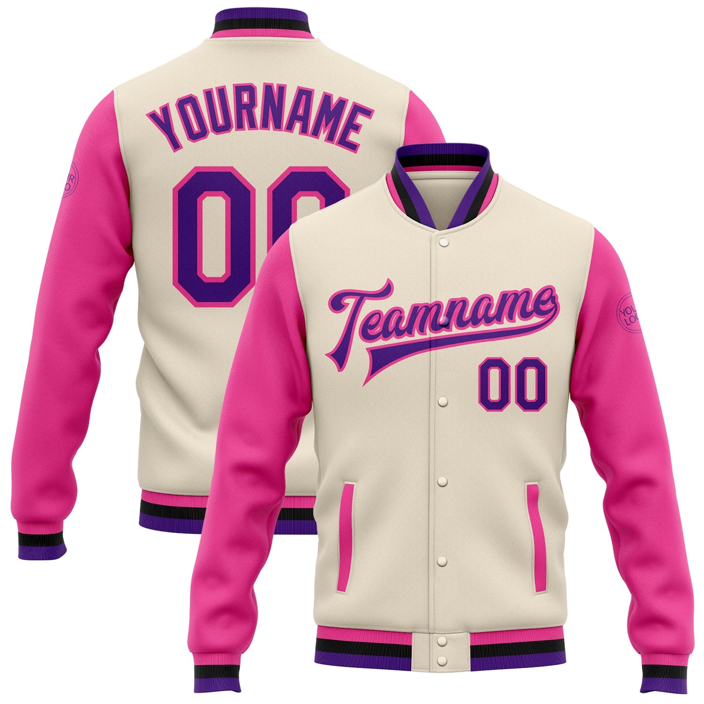 Custom Cream Aqua Purple Pink-Black Bomber Full-Snap Varsity Letterman Two Tone Jacket - Main View