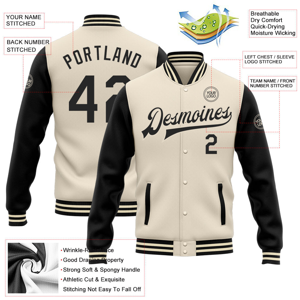 Custom Cream Black Bomber Full-Snap Varsity Letterman Two Tone Jacket view 5
