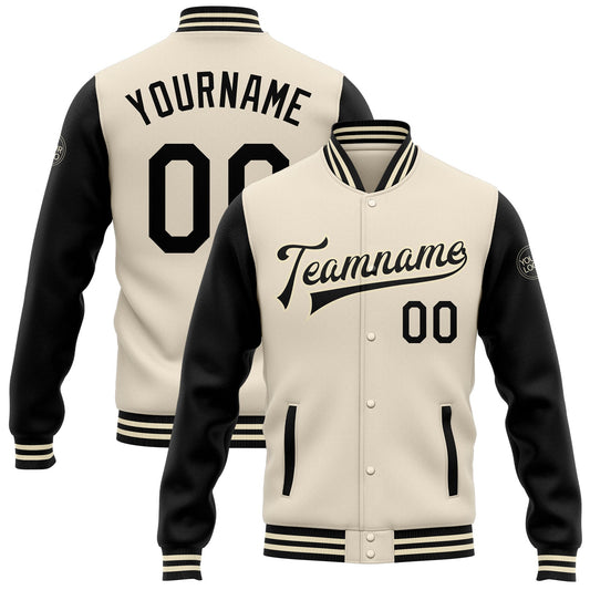 Custom Cream Black Bomber Full-Snap Varsity Letterman Two Tone Jacket - Main View