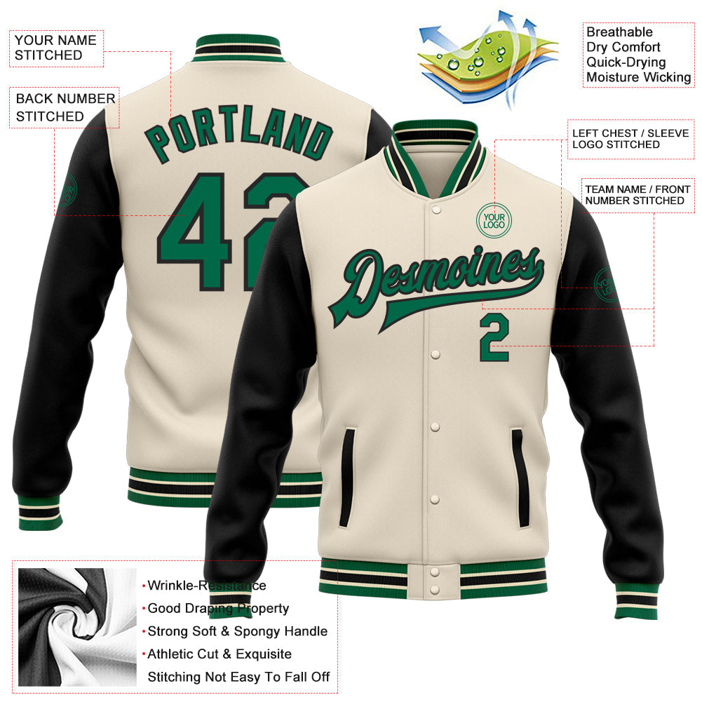 Custom Cream Kelly Green-Black Bomber Full-Snap Varsity Letterman Two Tone Jacket view 5