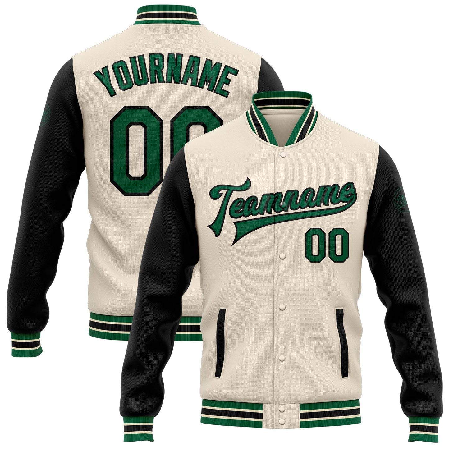 Custom Cream Kelly Green-Black Bomber Full-Snap Varsity Letterman Two Tone Jacket - Main View