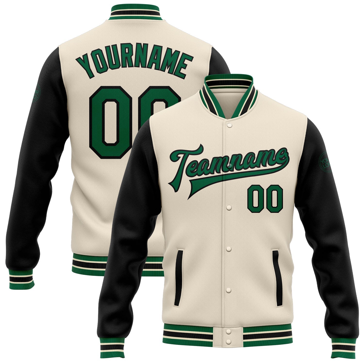 Custom Cream Kelly Green-Black Bomber Full-Snap Varsity Letterman Two Tone Jacket - Main View