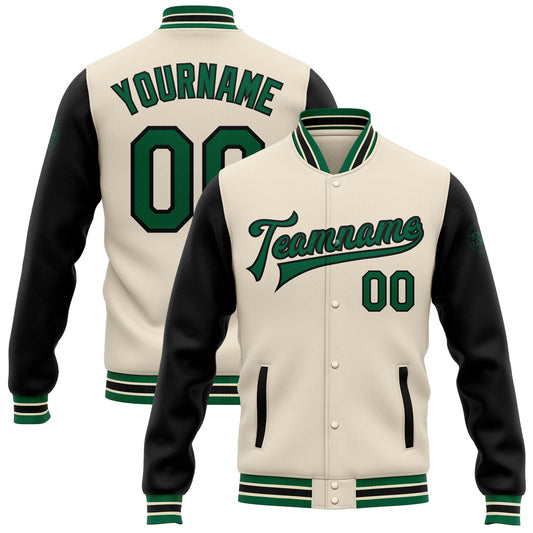 Custom Cream Kelly Green-Black Bomber Full-Snap Varsity Letterman Two Tone Jacket - Main View