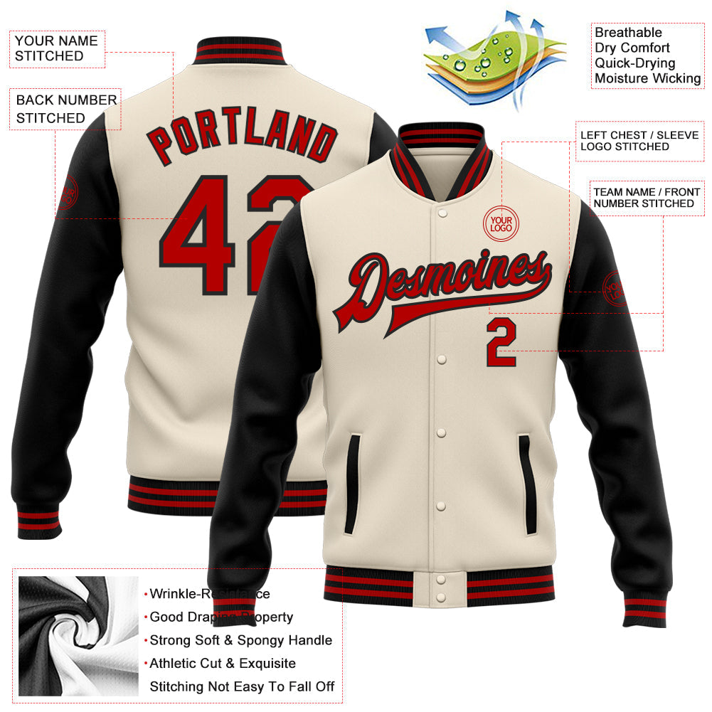 Custom Cream Red-Black Bomber Full-Snap Varsity Letterman Two Tone Jacket view 5
