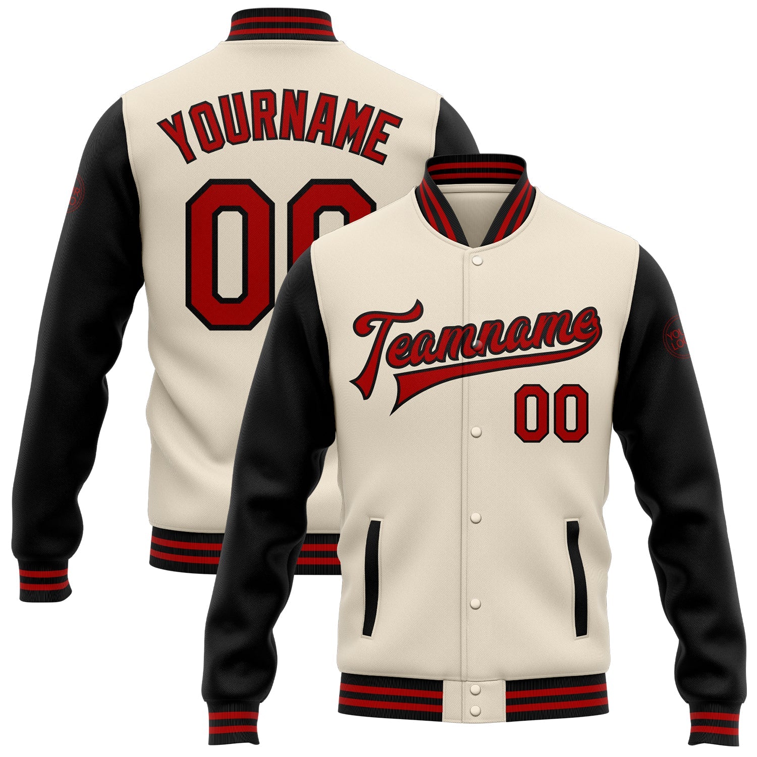 Custom Cream Red-Black Bomber Full-Snap Varsity Letterman Two Tone Jacket - Main View