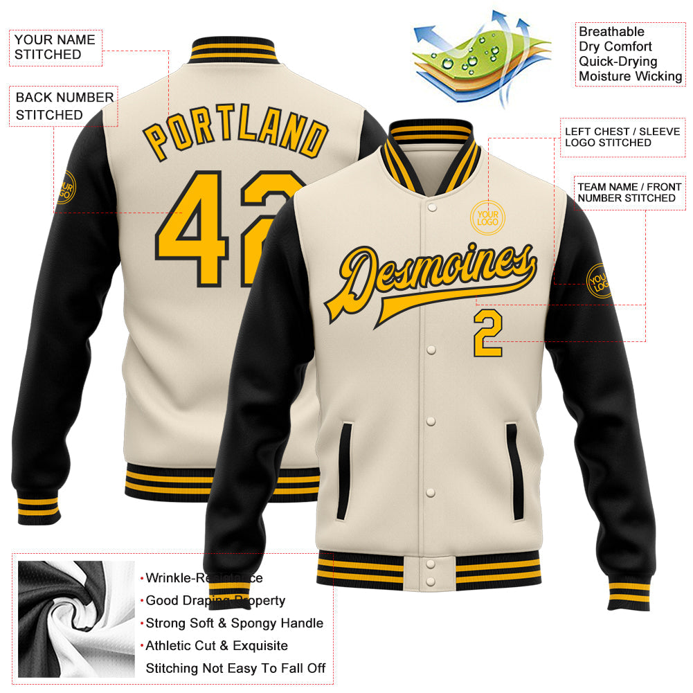 Custom Cream Gold-Black Bomber Full-Snap Varsity Letterman Two Tone Jacket view 5