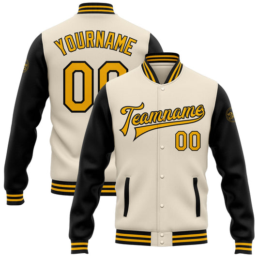 Custom Cream Gold-Black Bomber Full-Snap Varsity Letterman Two Tone Jacket - Main View