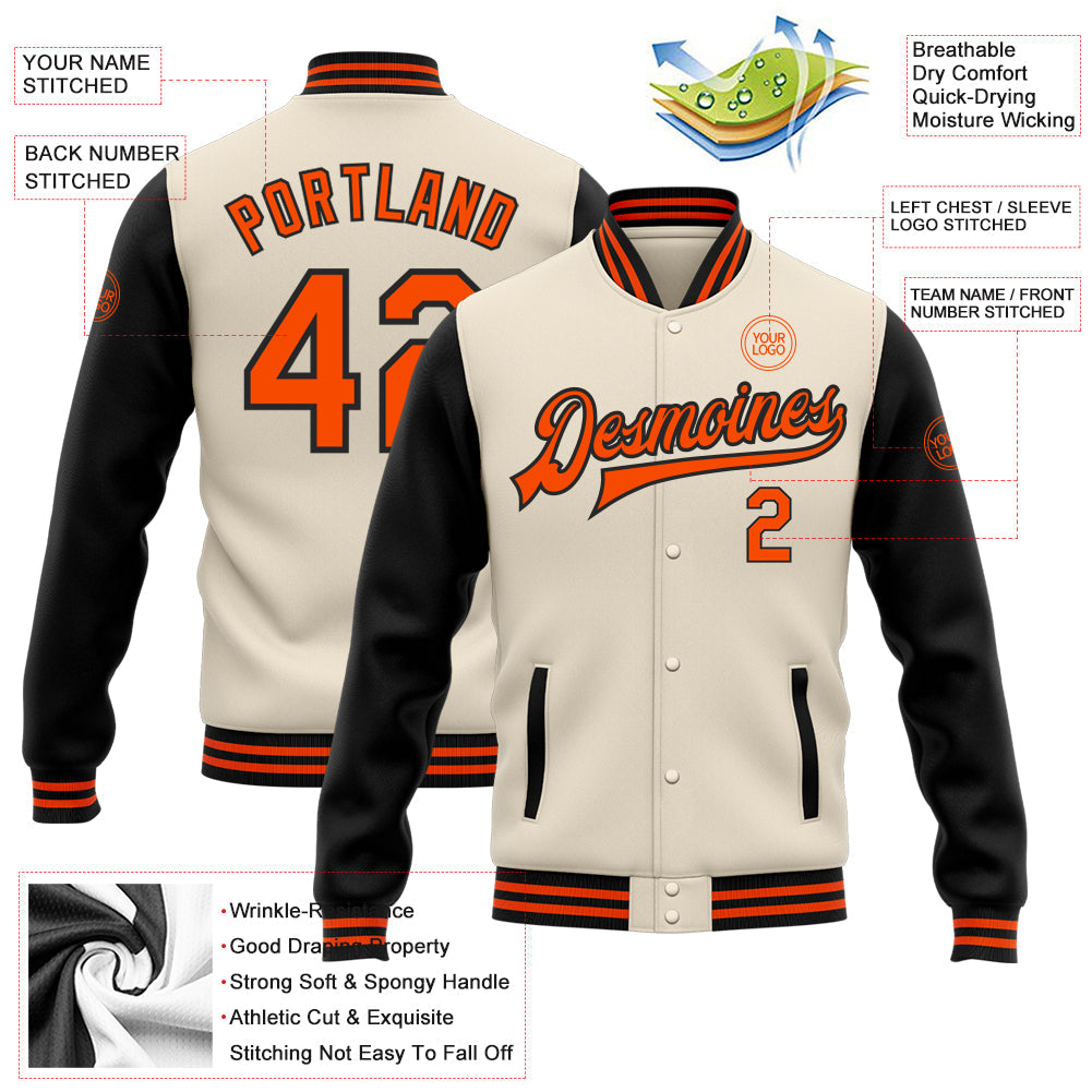 Custom Cream Orange-Black Bomber Full-Snap Varsity Letterman Two Tone Jacket view 5