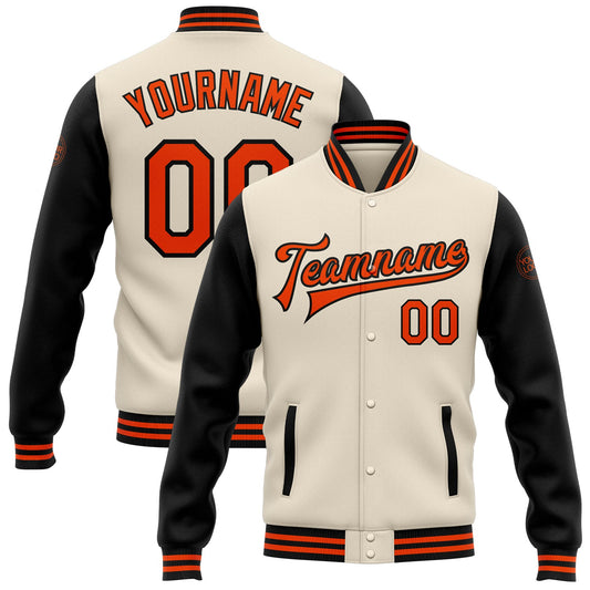 Custom Cream Orange-Black Bomber Full-Snap Varsity Letterman Two Tone Jacket - Main View