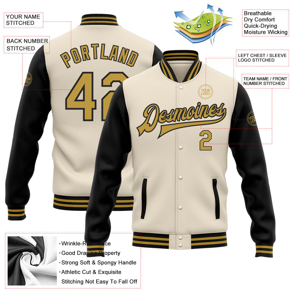 Custom Cream Old Gold-Black Bomber Full-Snap Varsity Letterman Two Tone Jacket view 5