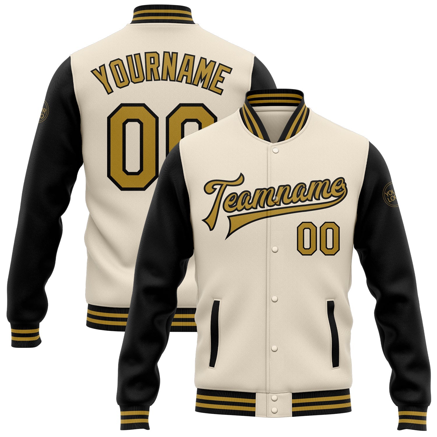 Custom Cream Old Gold-Black Bomber Full-Snap Varsity Letterman Two Tone Jacket - Main View