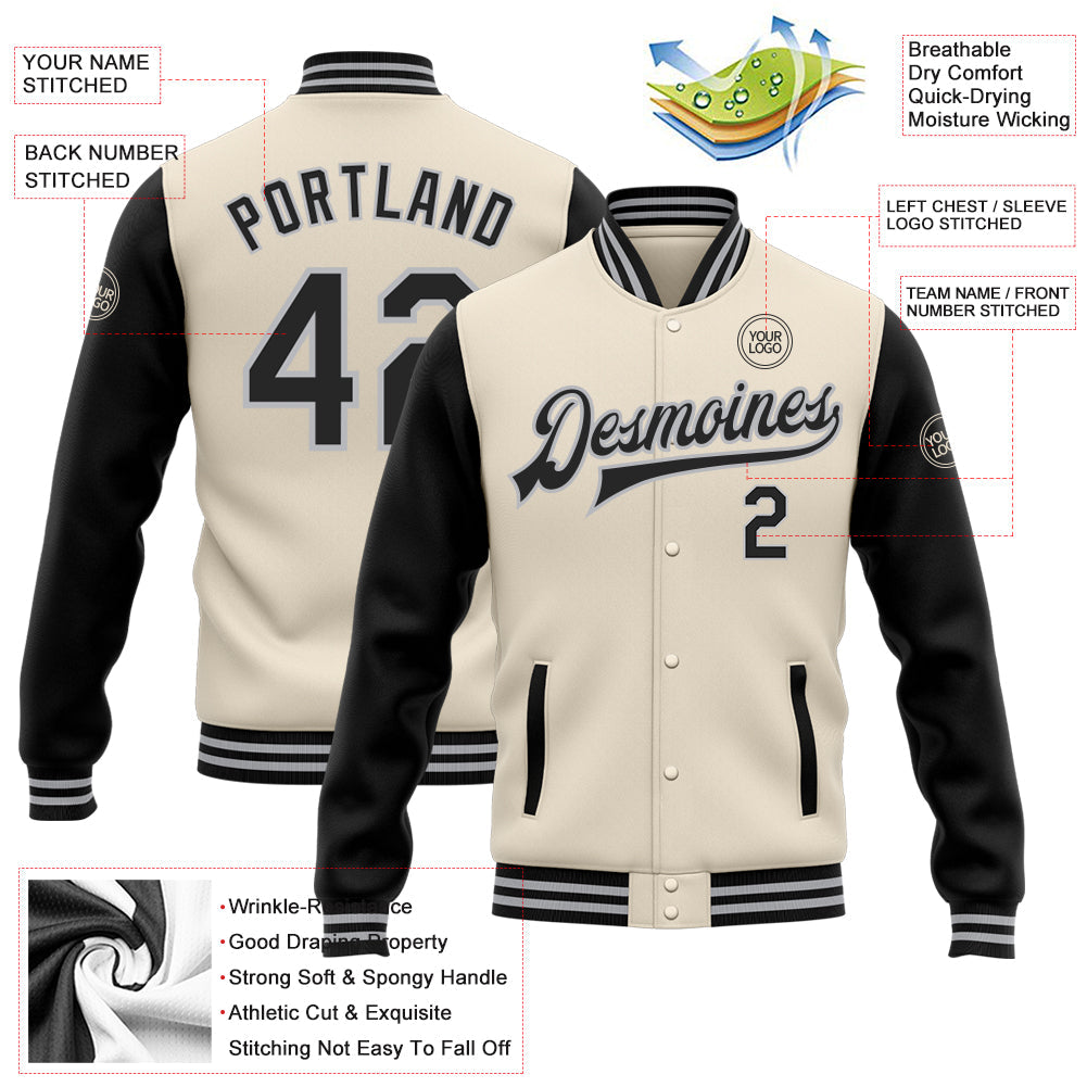 Custom Cream Black-Gray Bomber Full-Snap Varsity Letterman Two Tone Jacket view 5