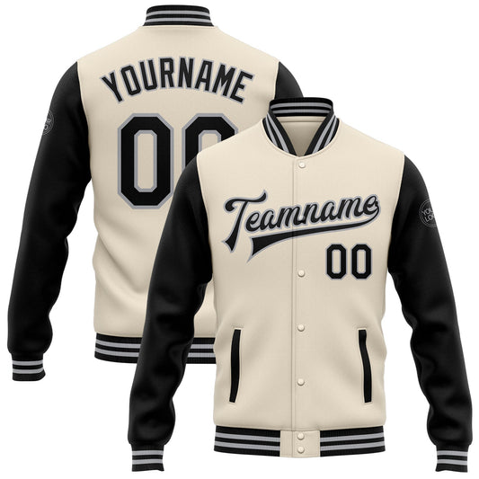 Custom Cream Black-Gray Bomber Full-Snap Varsity Letterman Two Tone Jacket - Main View