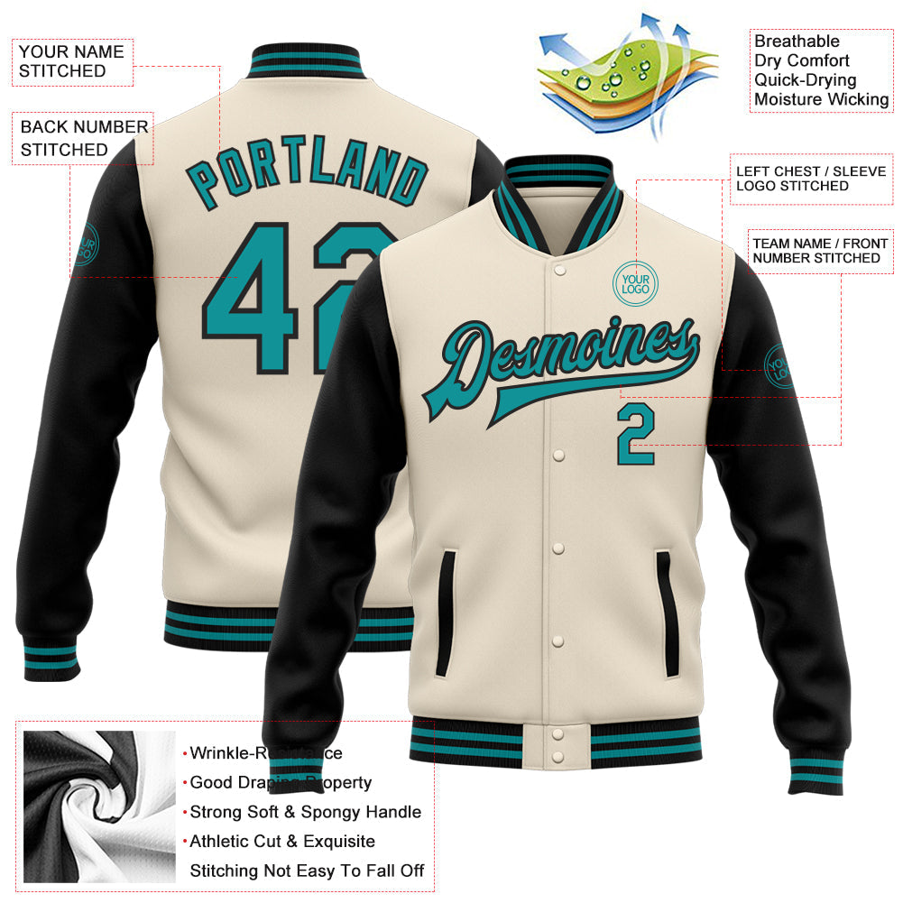 Custom Cream Teal-Black Bomber Full-Snap Varsity Letterman Two Tone Jacket view 5