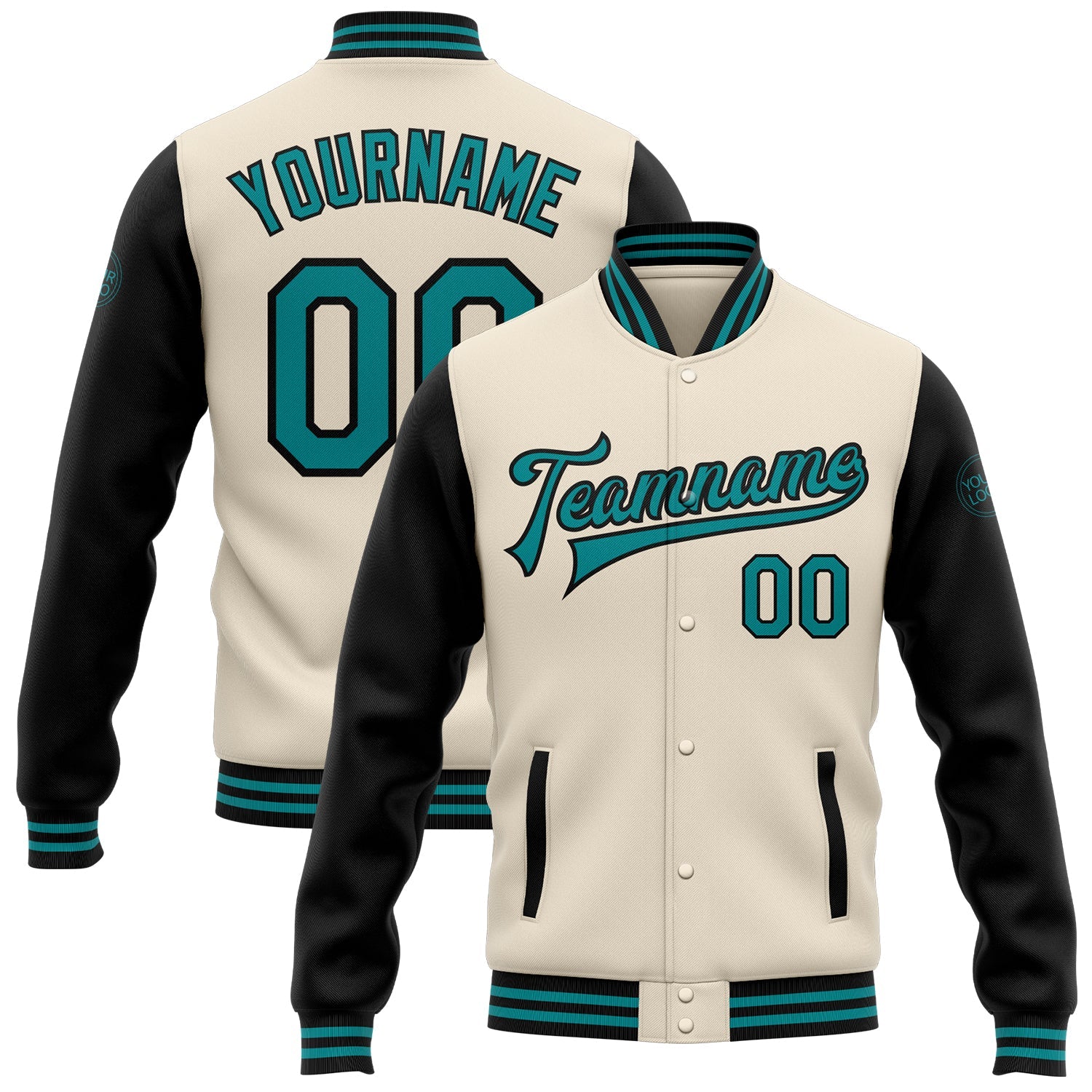 Custom Cream Teal-Black Bomber Full-Snap Varsity Letterman Two Tone Jacket - Main View