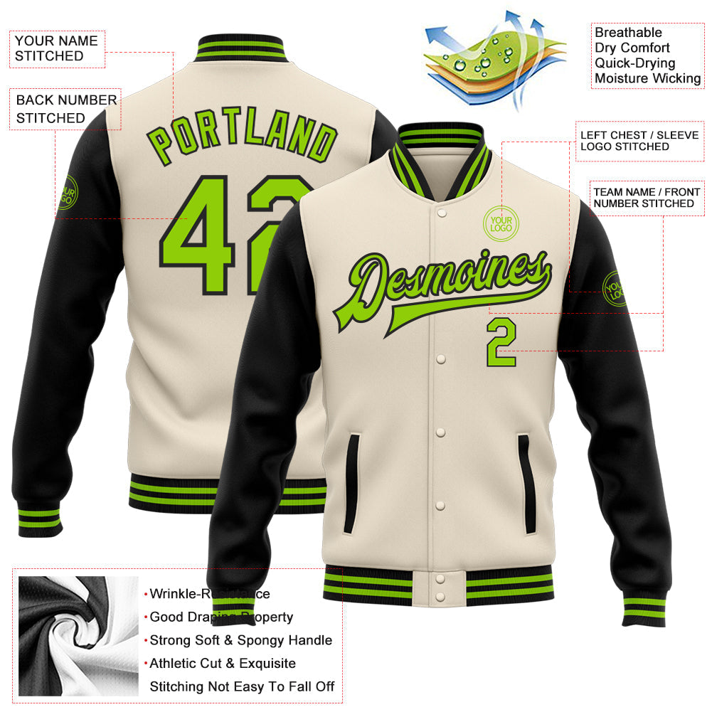 Custom Cream Neon Green-Black Bomber Full-Snap Varsity Letterman Two Tone Jacket view 5