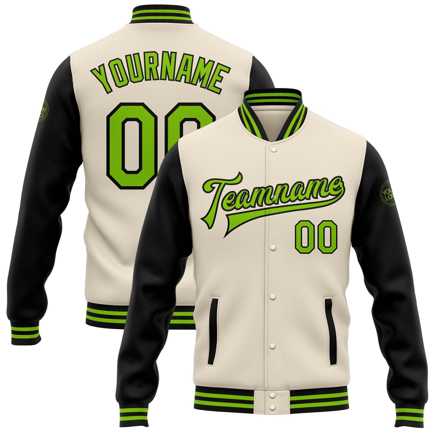Custom Cream Neon Green-Black Bomber Full-Snap Varsity Letterman Two Tone Jacket - Main View