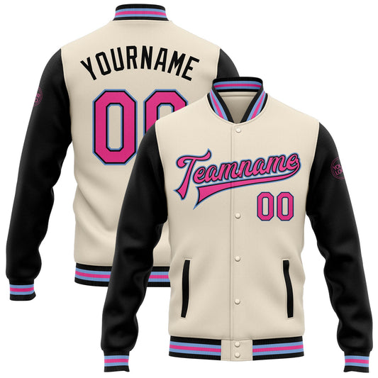 Custom Cream Pink Black-Light Blue Bomber Full-Snap Varsity Letterman Two Tone Jacket - Main View