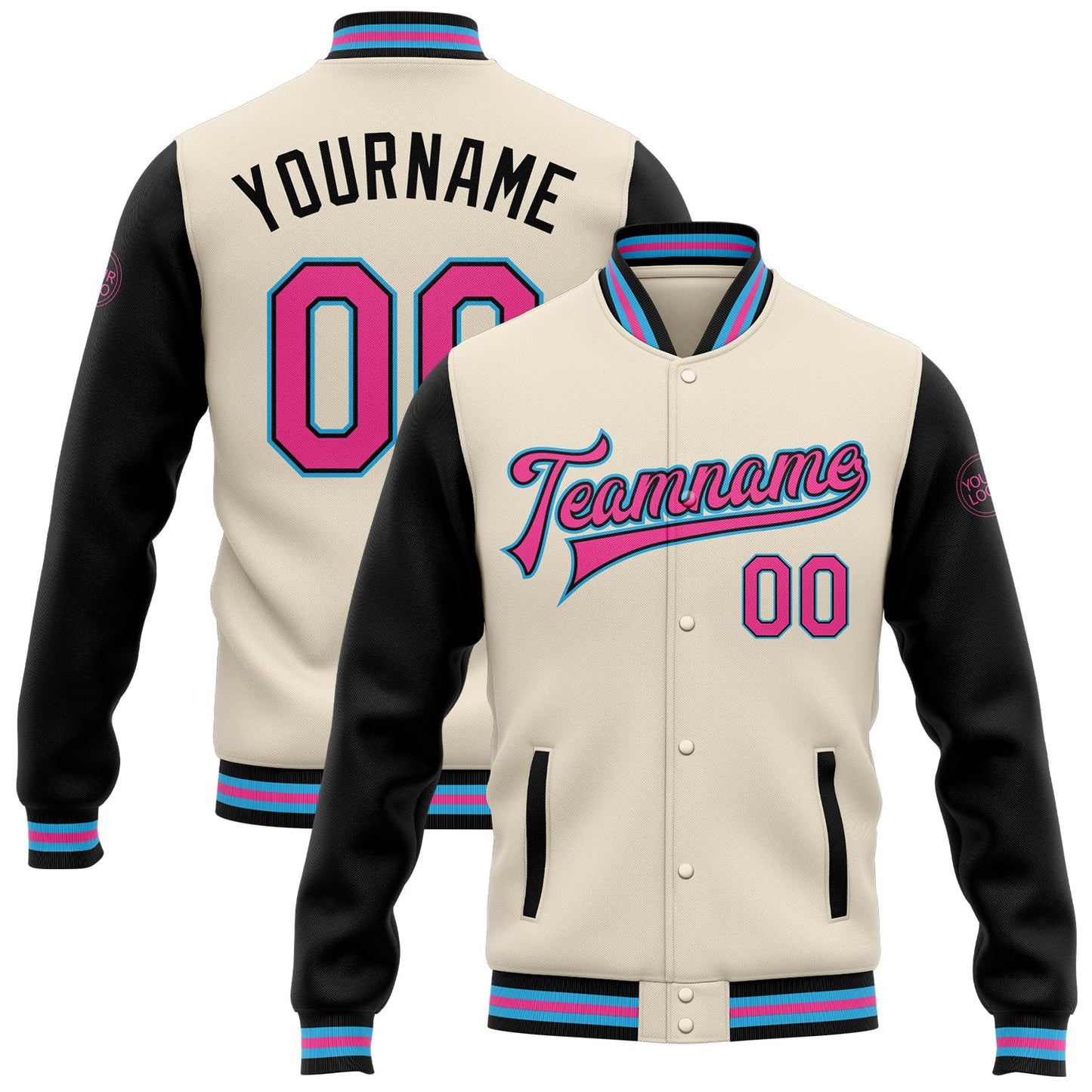 Custom Cream Pink Black-Sky Blue Bomber Full-Snap Varsity Letterman Two Tone Jacket - Main View