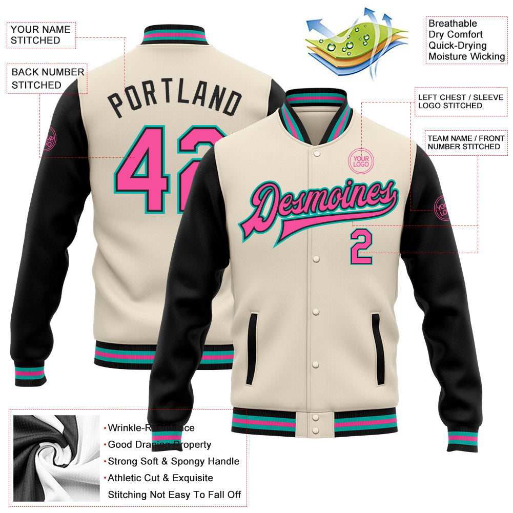 Custom Cream Pink Black-Aqua Bomber Full-Snap Varsity Letterman Two Tone Jacket view 5