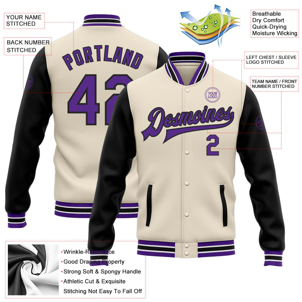 Custom Cream Purple-Black Bomber Full-Snap Varsity Letterman Two Tone Jacket view 5