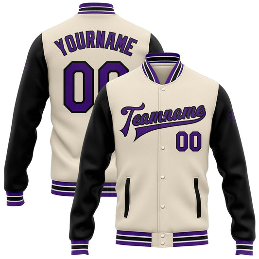 Custom Cream Purple-Black Bomber Full-Snap Varsity Letterman Two Tone Jacket - Main View