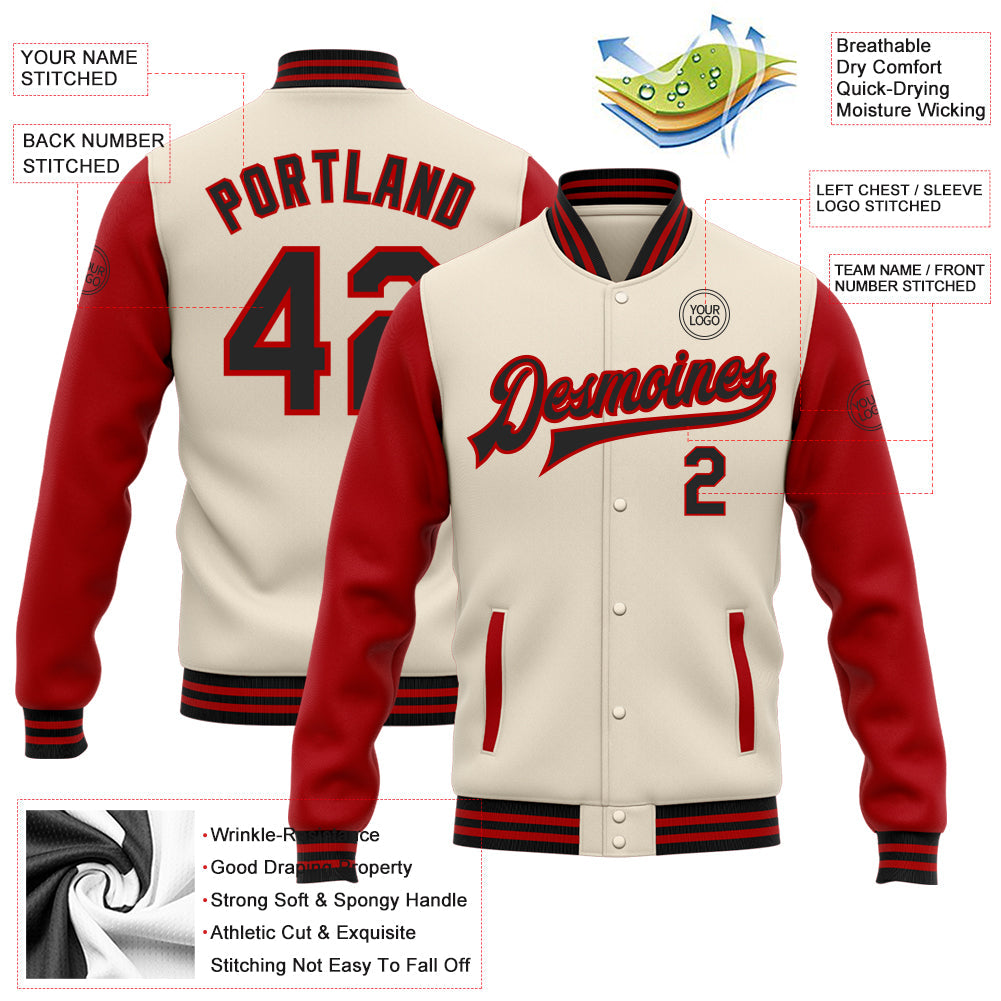 Custom Cream Black-Red Bomber Full-Snap Varsity Letterman Two Tone Jacket view 5