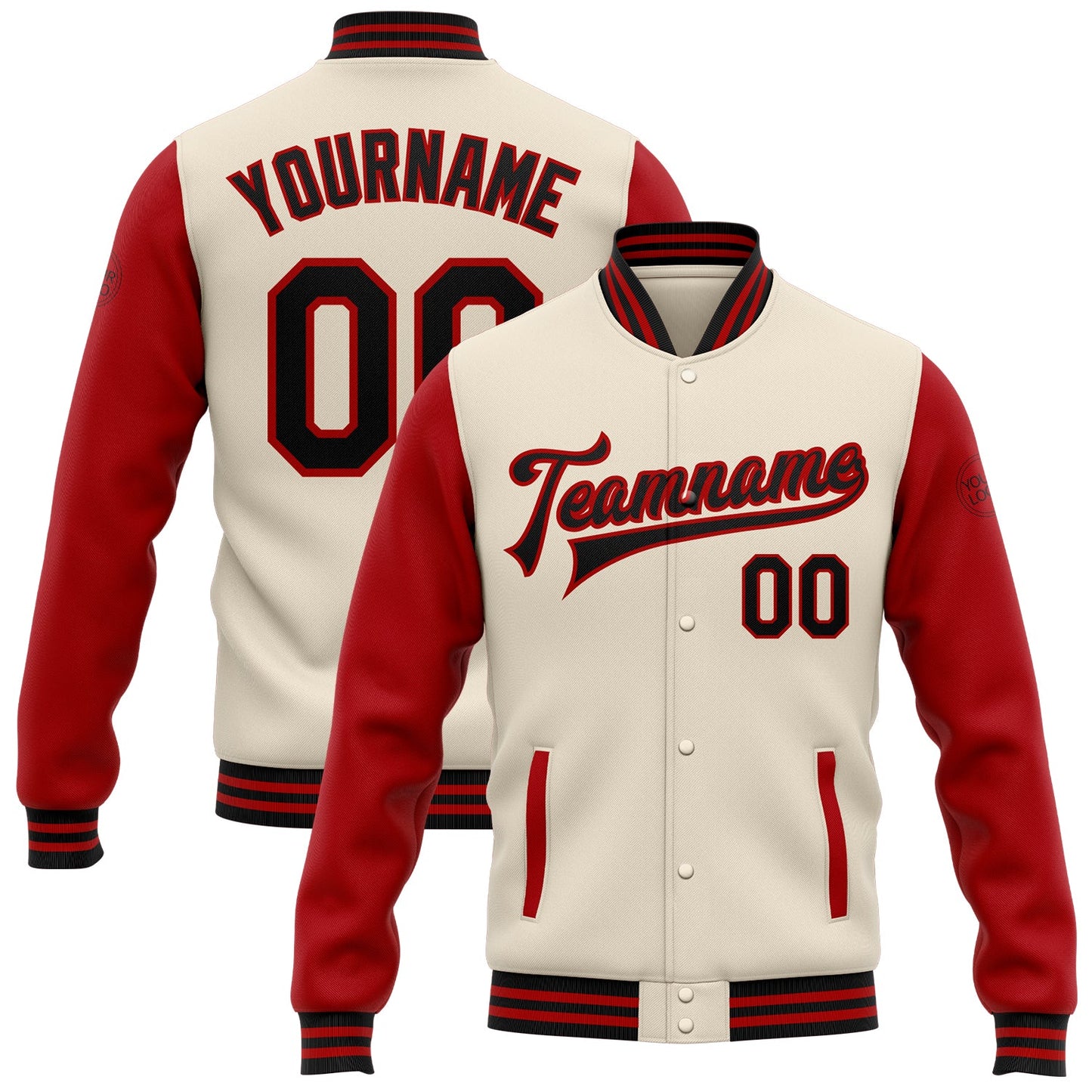Custom Cream Black-Red Bomber Full-Snap Varsity Letterman Two Tone Jacket - Main View
