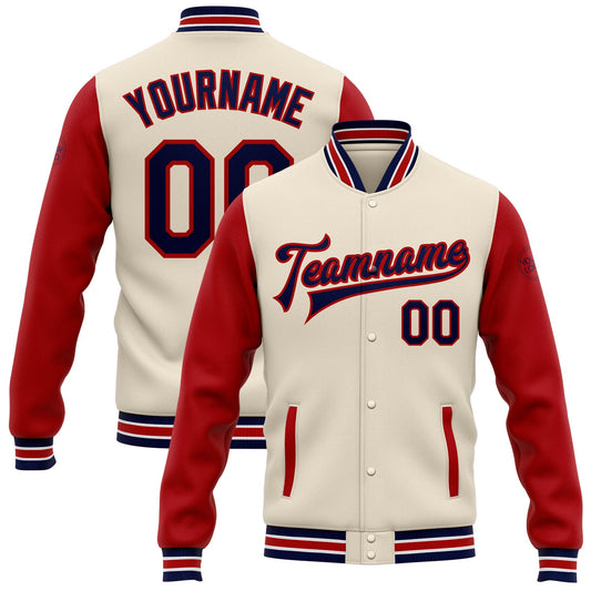 Custom Cream Navy-Red Bomber Full-Snap Varsity Letterman Two Tone Jacket - Main View