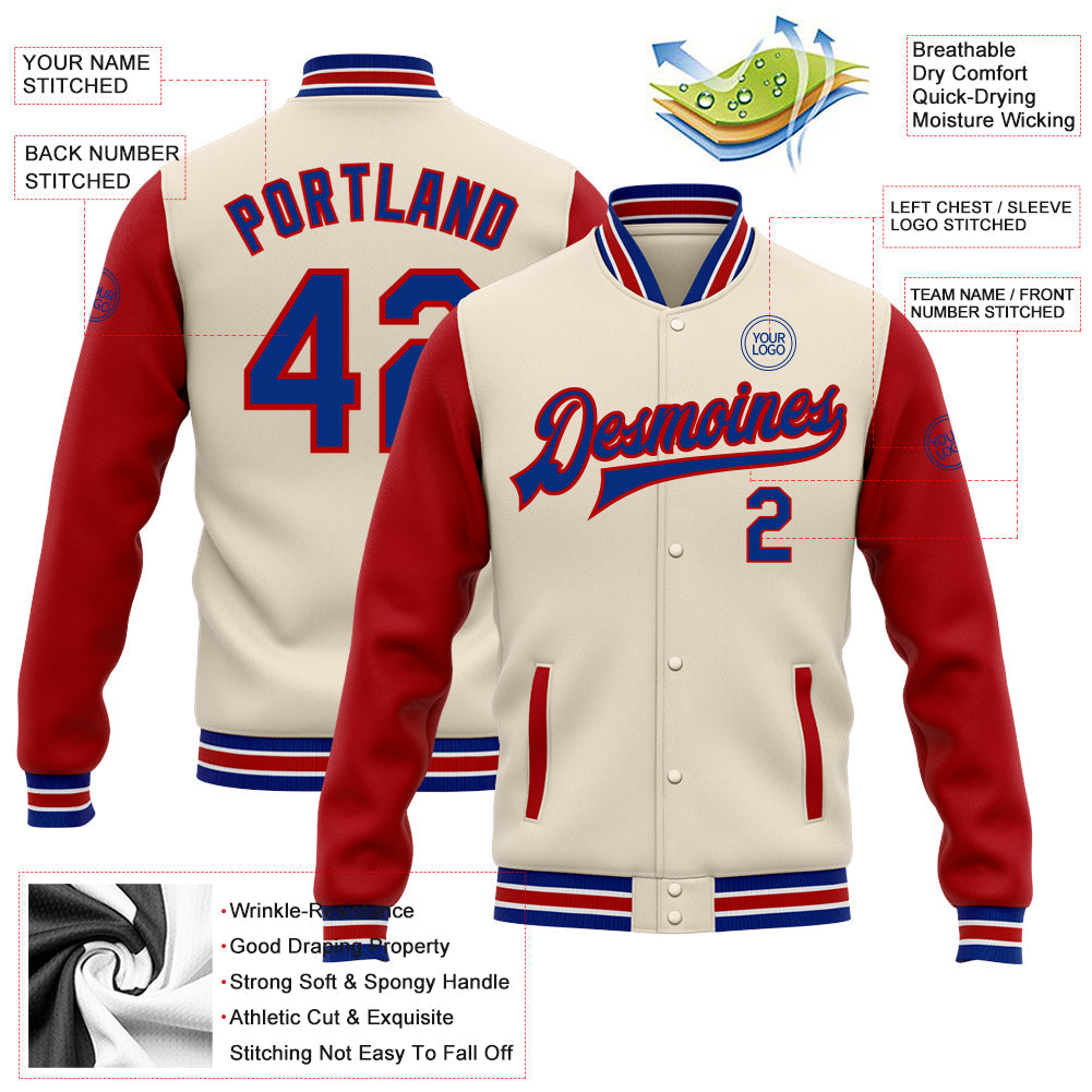 Custom Cream Royal-Red Bomber Full-Snap Varsity Letterman Two Tone Jacket view 5