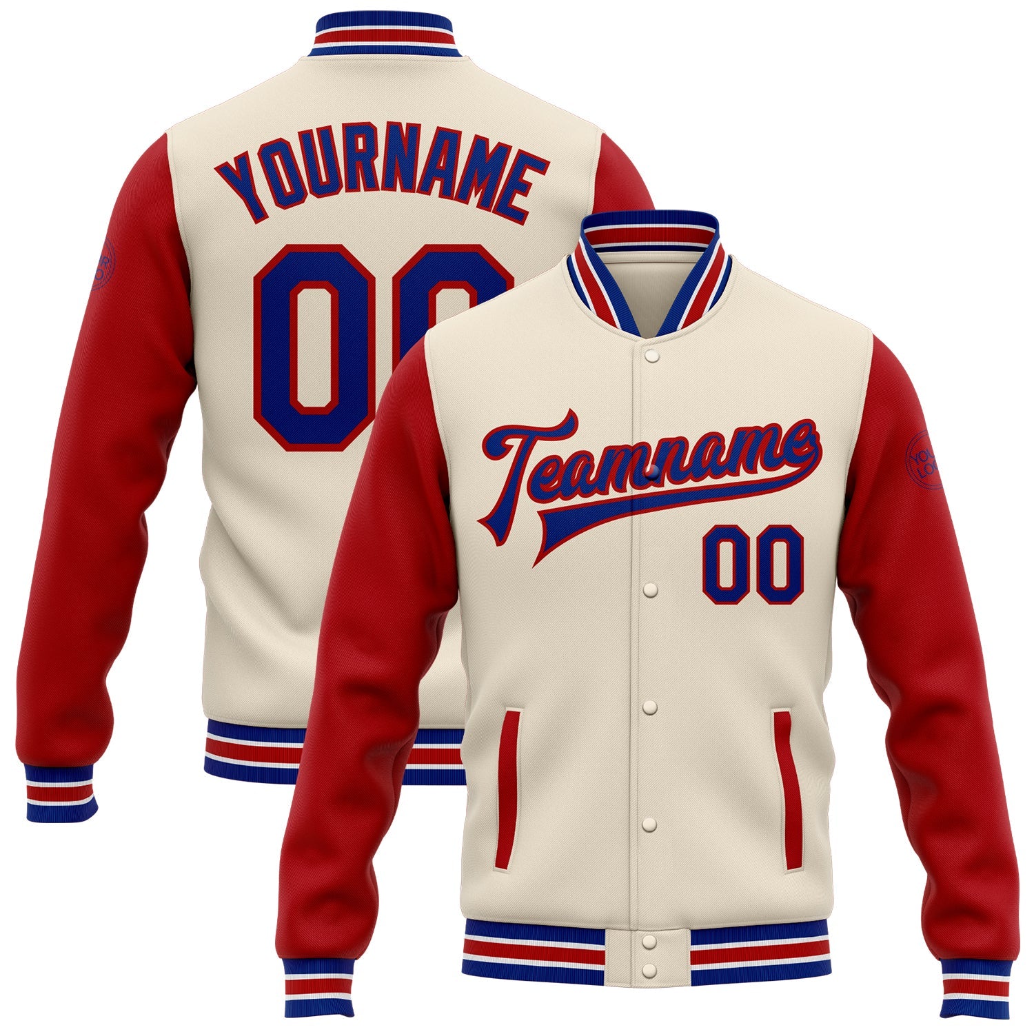 Custom Cream Royal-Red Bomber Full-Snap Varsity Letterman Two Tone Jacket - Main View