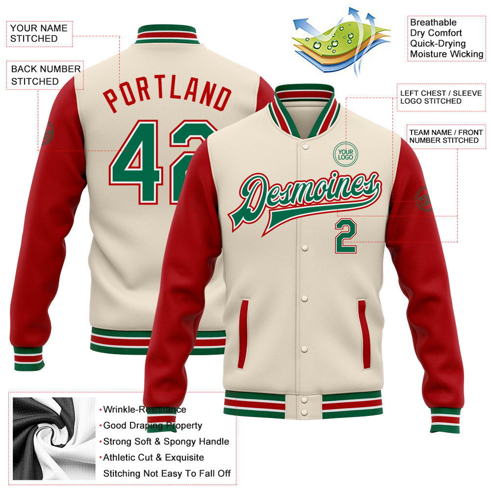 Custom Cream Kelly Green-Red Bomber Full-Snap Varsity Letterman Two Tone Jacket view 5